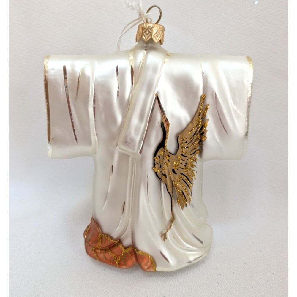 Vintage Japanese Kimono Glass Christmas Ornament White Gold Crane Hand Painted